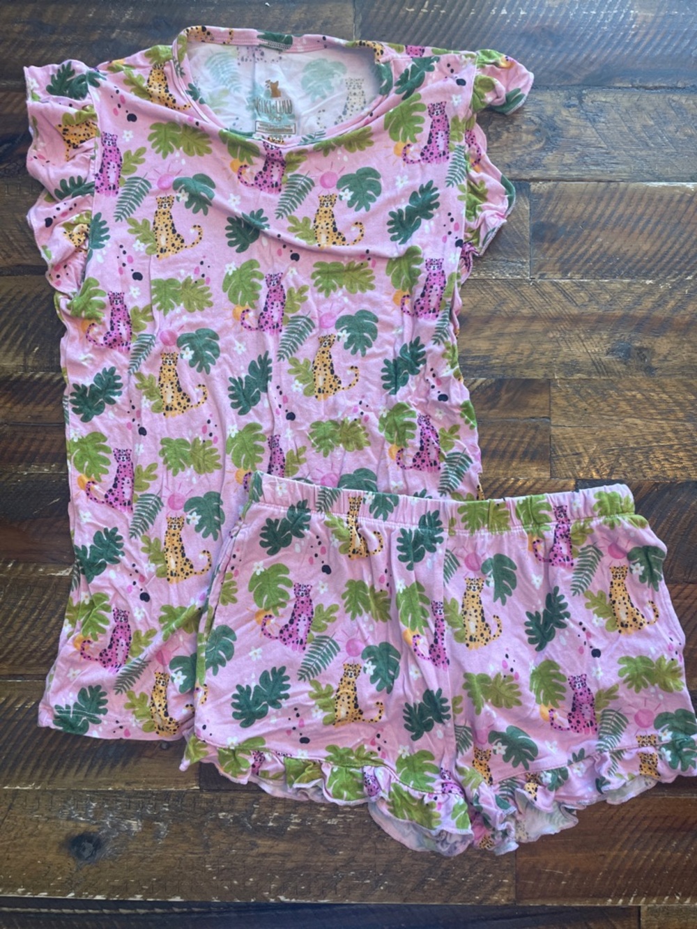 Girls Pink Leopard & Tropical Leaf Short Pajama Set
